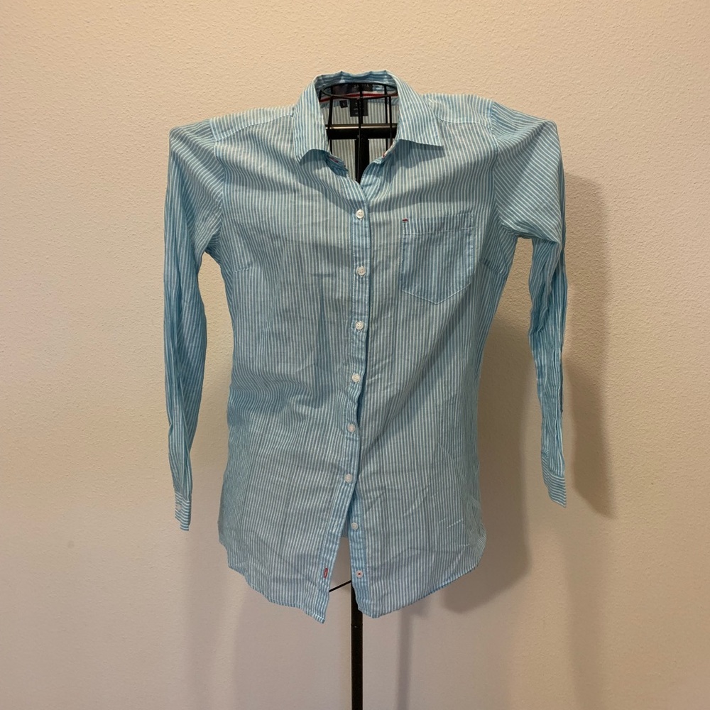 Blue and white long button up